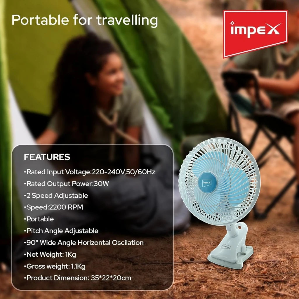Impex 8-Inch Table & Clip Fan – 2 Speed Settings, 90° Oscillation, Adjustable Pitch Angle, 30W Portable Desk Fan for Home, Office, Travel - CF 01 - Damoo