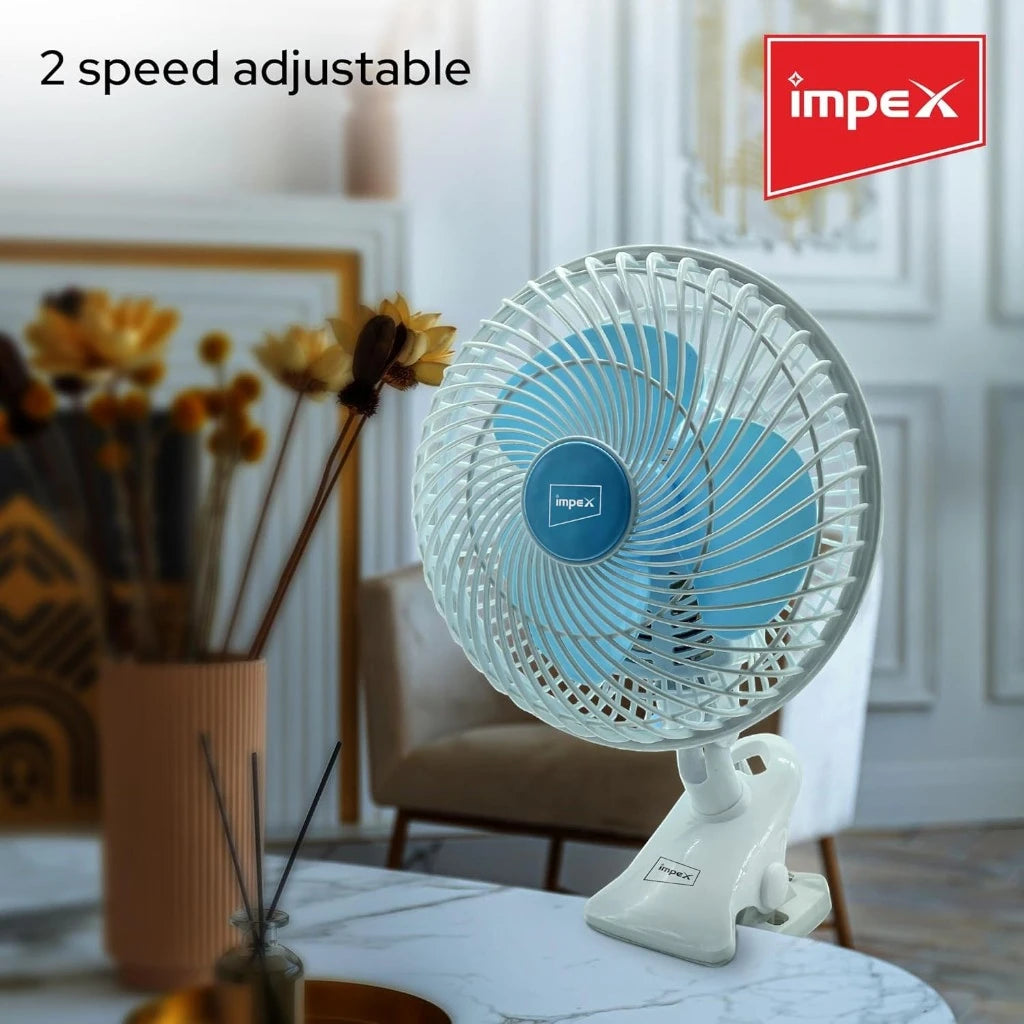 Impex 8-Inch Table & Clip Fan – 2 Speed Settings, 90° Oscillation, Adjustable Pitch Angle, 30W Portable Desk Fan for Home, Office, Travel - CF 01 - Damoo