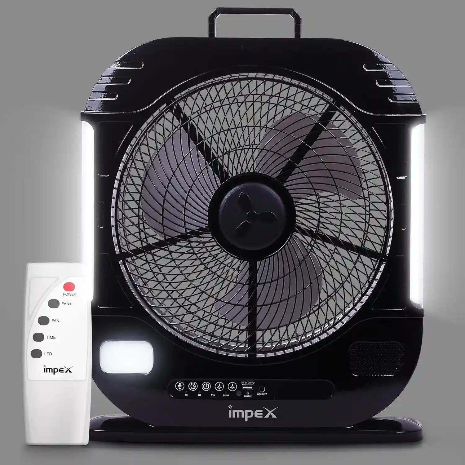 Impex Breeze D7 Rechargeable 3-Blade Fan with LED Light, Remote Control, Solar Charging & Timer – High-Speed 1820 RPM, 20-Hour Battery, Adjustable Speeds, Black - Damoo