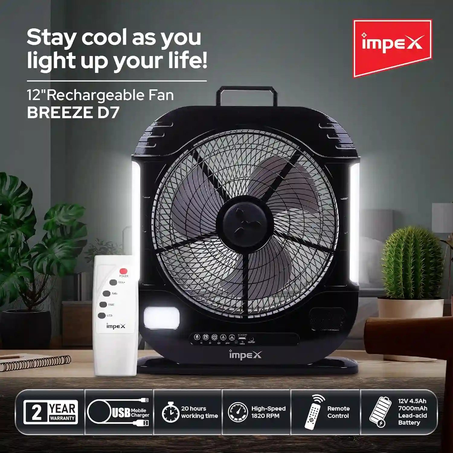 Impex Breeze D7 Rechargeable 3-Blade Fan with LED Light, Remote Control, Solar Charging & Timer – High-Speed 1820 RPM, 20-Hour Battery, Adjustable Speeds, Black - Damoo