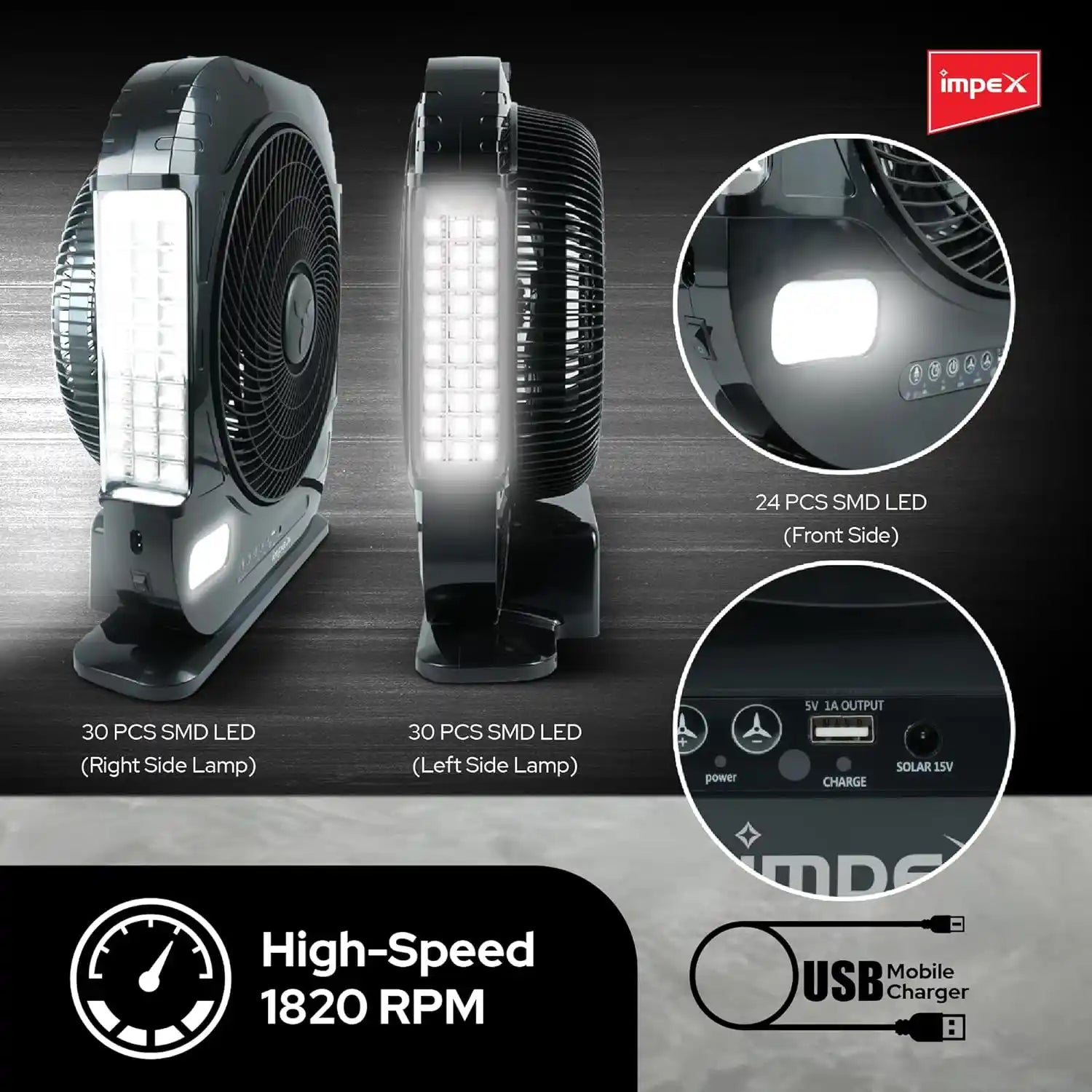 Impex Breeze D7 Rechargeable 3-Blade Fan with LED Light, Remote Control, Solar Charging & Timer – High-Speed 1820 RPM, 20-Hour Battery, Adjustable Speeds, Black - Damoo