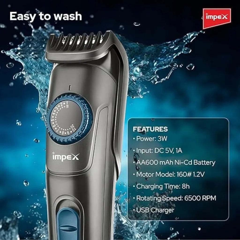 Impex Cordless Rechargeable Hair Trimmer for Men – 800mAh Battery, 3W Motor, 50-Min Runtime, USB Charging, 2 Comb Attachments, Beard & Hair Shaver – Black Tidy-220 - Damoo