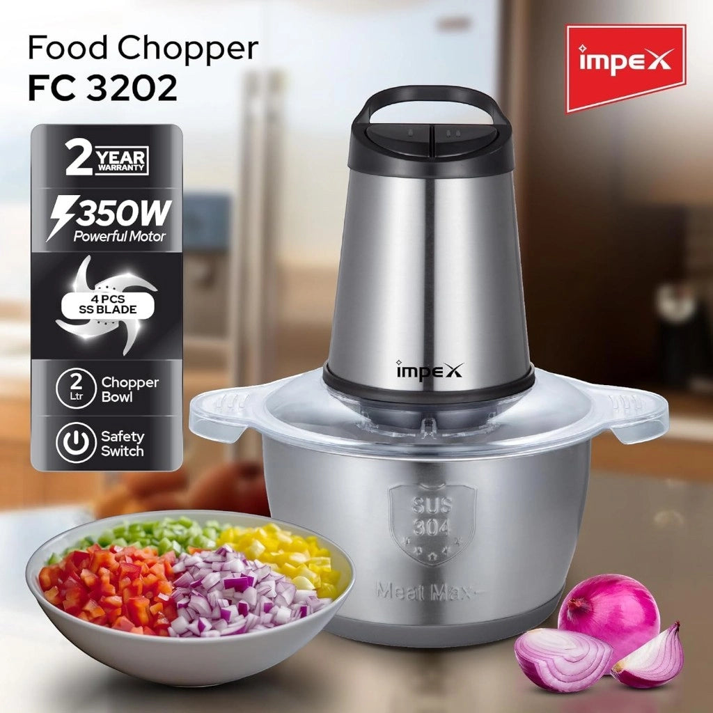 Impex Electric Food Chopper – 2L Glass Bowl, 350W Motor, Dual Speed Control, 4 Stainless Steel Blades, Overheat Protection, Anti-Slip Base – Silver – FC 3202 - Damoo