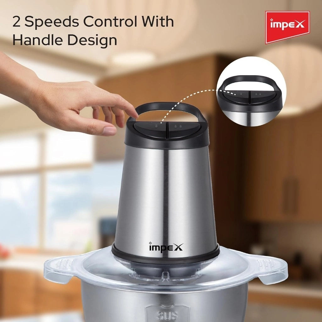 Impex Electric Food Chopper – 2L Glass Bowl, 350W Motor, Dual Speed Control, 4 Stainless Steel Blades, Overheat Protection, Anti-Slip Base – Silver – FC 3202 - Damoo