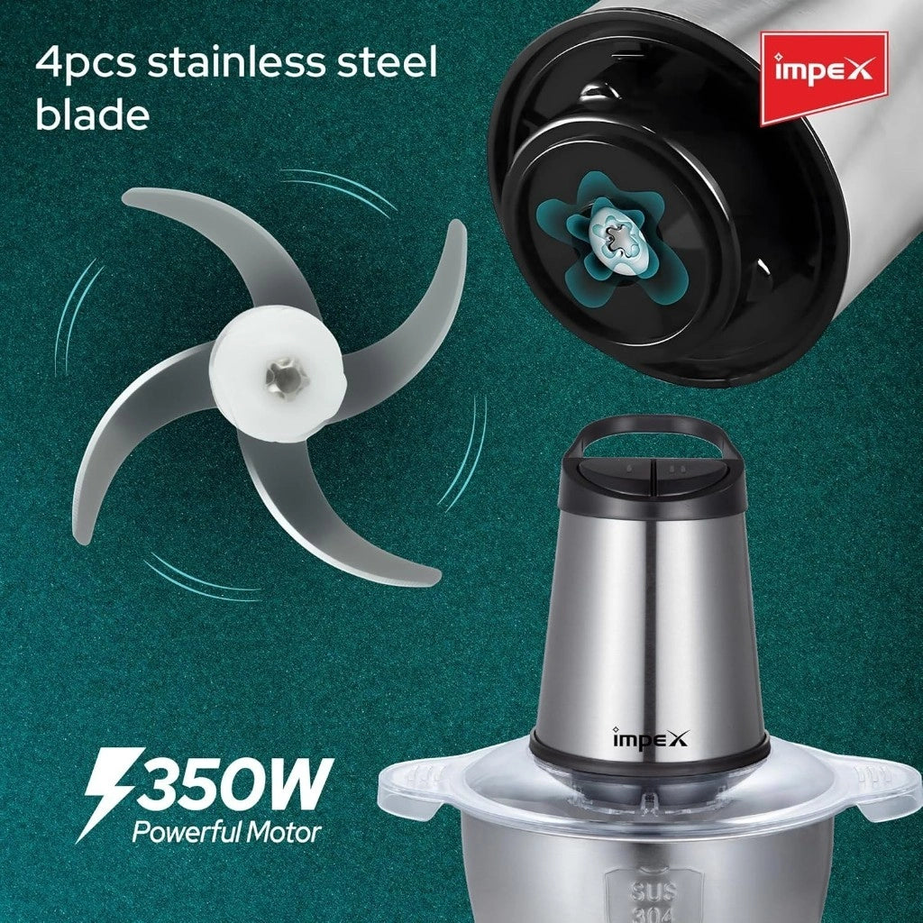 Impex Electric Food Chopper – 2L Glass Bowl, 350W Motor, Dual Speed Control, 4 Stainless Steel Blades, Overheat Protection, Anti-Slip Base – Silver – FC 3202 - Damoo