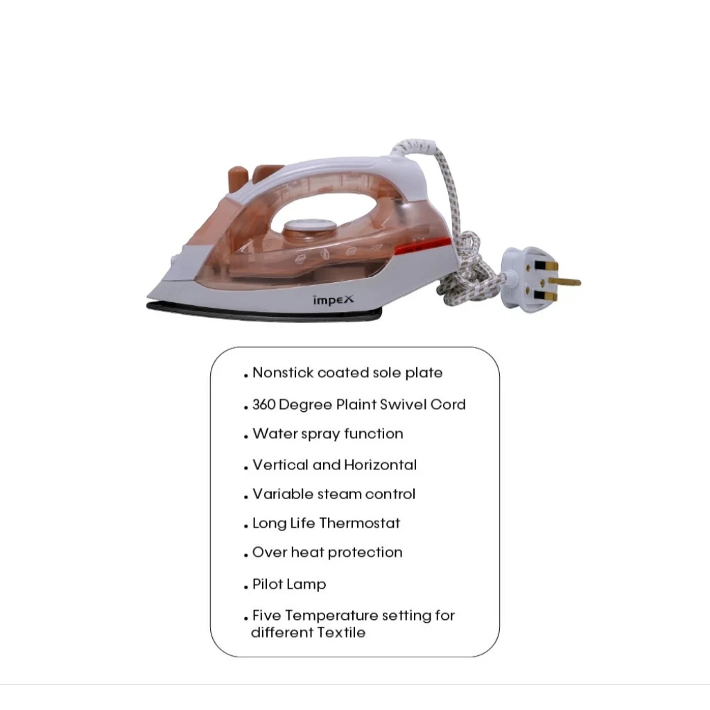 Impex Electric Steam Iron 1300W with Non-Stick Teflon Soleplate, Super Spray System, 5 Temperature Settings, Variable Steam Control, Overheat Protection & 360° Swivel Cord – IBS 401 –Red - Damoo