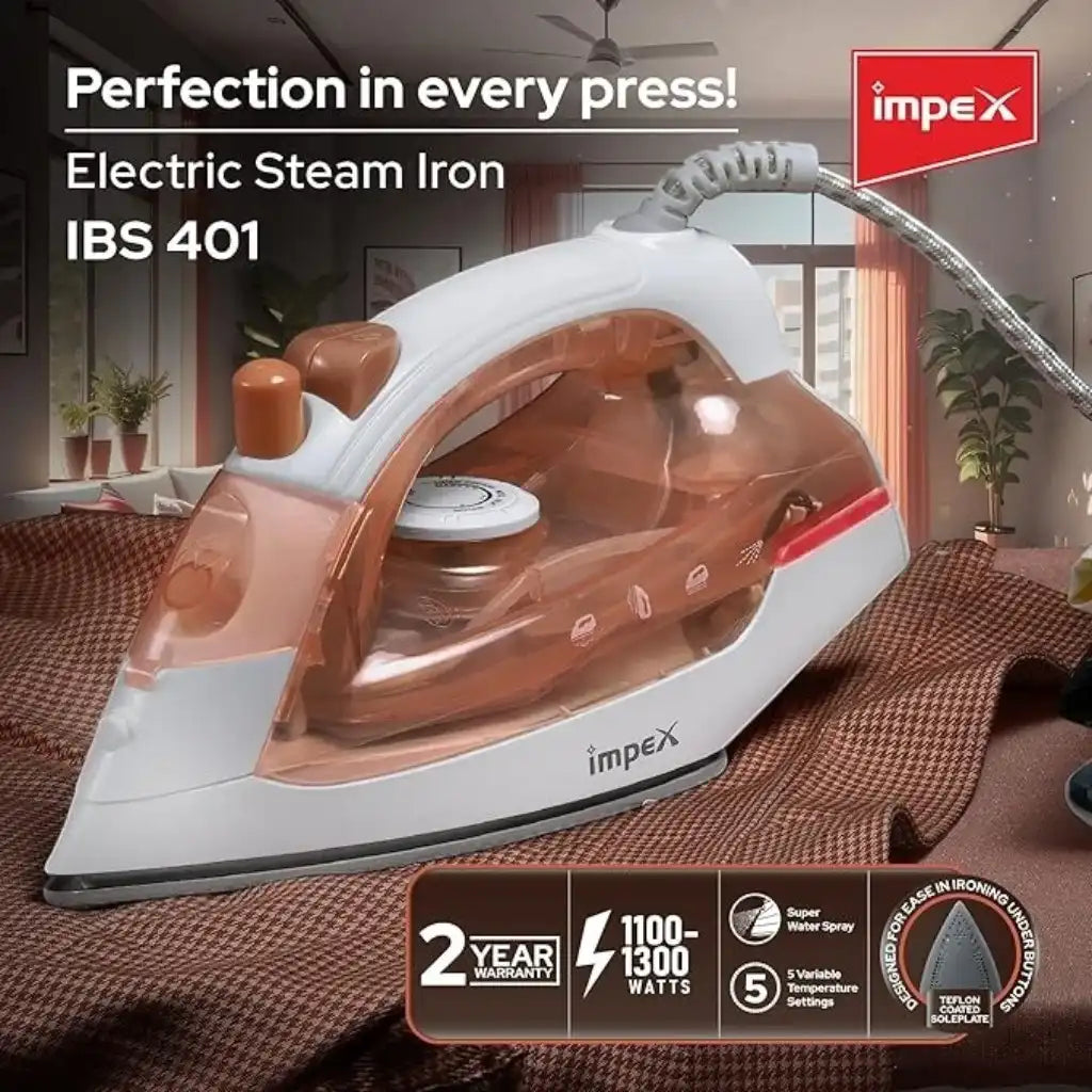Impex Electric Steam Iron 1300W with Non-Stick Teflon Soleplate, Super Spray System, 5 Temperature Settings, Variable Steam Control, Overheat Protection & 360° Swivel Cord – IBS 401 –Red - Damoo