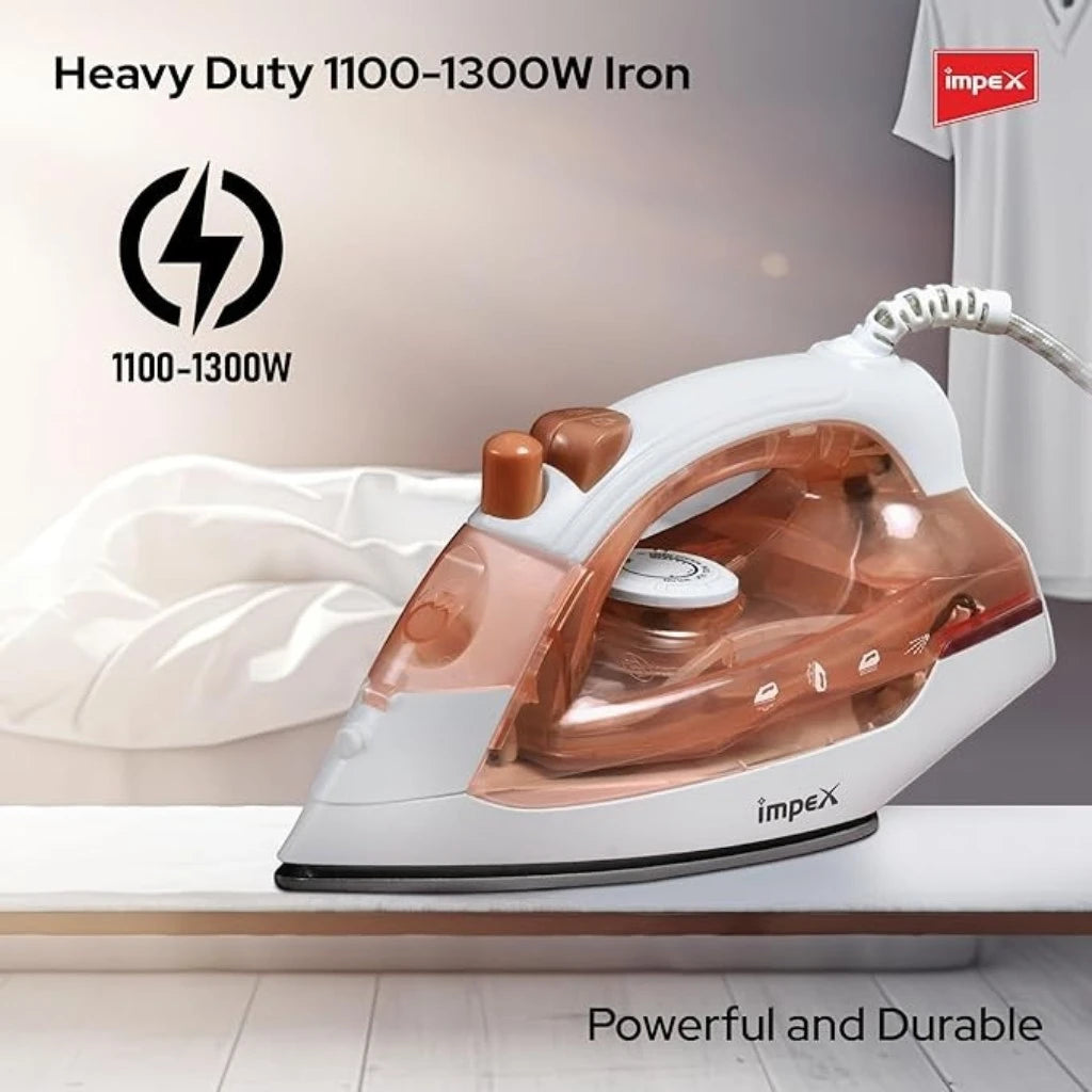 Impex Electric Steam Iron 1300W with Non-Stick Teflon Soleplate, Super Spray System, 5 Temperature Settings, Variable Steam Control, Overheat Protection & 360° Swivel Cord – IBS 401 –Red - Damoo