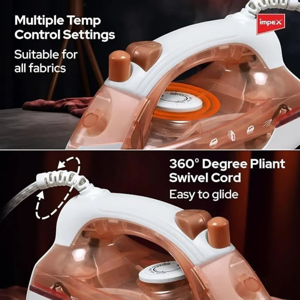 Impex Electric Steam Iron 1300W with Non-Stick Teflon Soleplate, Super Spray System, 5 Temperature Settings, Variable Steam Control, Overheat Protection & 360° Swivel Cord – IBS 401 –Red - Damoo