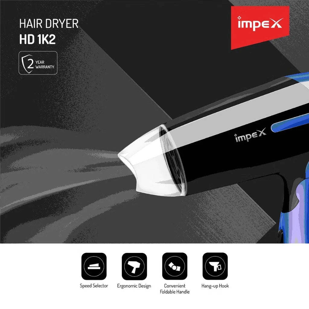 Impex Foldable Hair Dryer – 2-Speed Settings, Ionic Technology, 700W Power, Removable Filter, Quick-Dry Function – White/Black - HD1K2 - Damoo