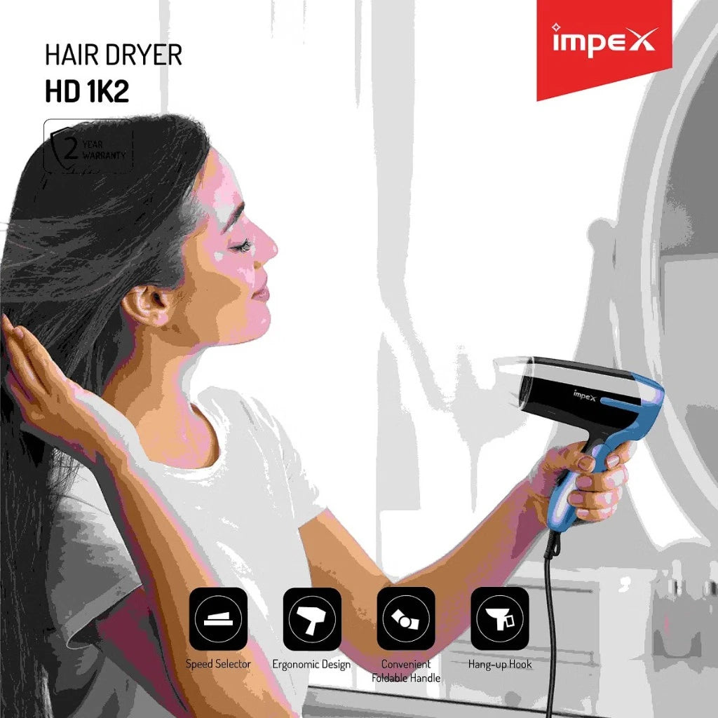 Impex Foldable Hair Dryer – 2-Speed Settings, Ionic Technology, 700W Power, Removable Filter, Quick-Dry Function – White/Black - HD1K2 - Damoo