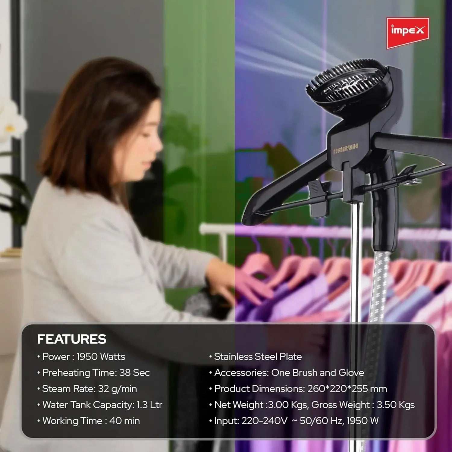 IMPEX Garment Steamer – 1950W Powerful Clothes Steamer with 38s Fast Preheat, 1.3L Tank, 40-Min Runtime, Adjustable Pole, Hairbrush Head, Coat Hanger & Glove – GSM 6010 - Damoo