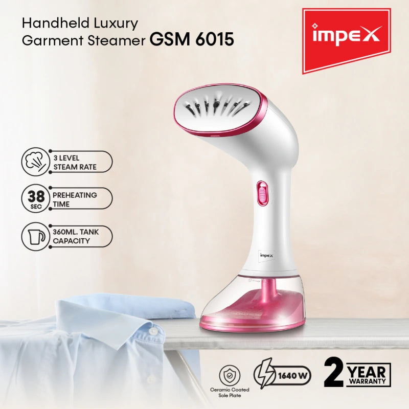 Impex GSM 6015 Handheld Garment Steamer – 1640W Powerful Fabric Steamer with 38s Preheat, 3 Steam Levels, 360ml Water Tank & Ceramic Soleplate – Includes Hand Brush – Portable Clothes Steamer for Quick Wrinkle Removal - Damoo