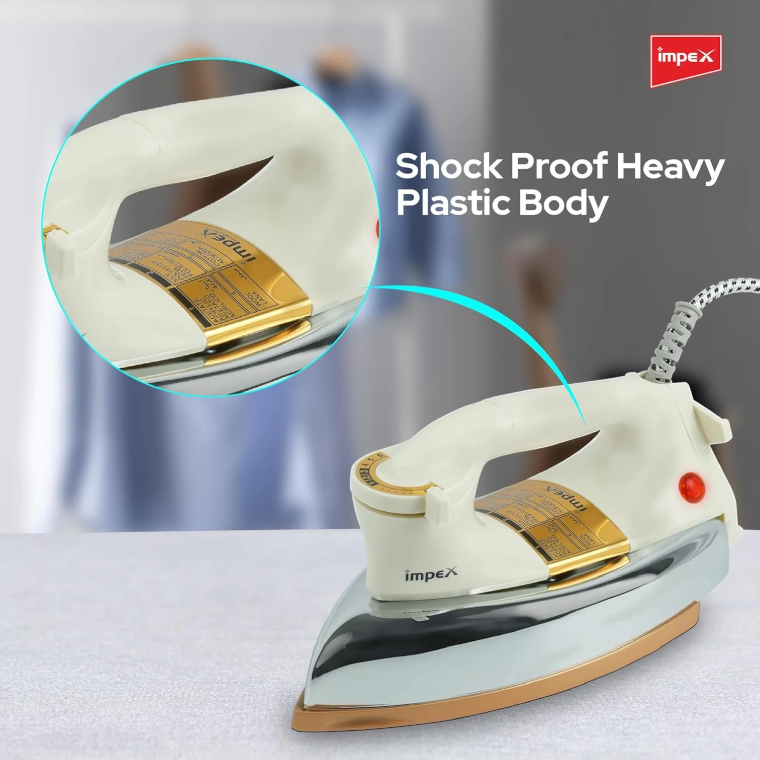 Impex Heavy Duty 1200W Dry Iron with Ceramic Coated Non-Stick Soleplate IB 211, Automatic Thermostat, Shockproof Body & 6 Heat Settings – Durable & Reliable Iron Box for Everyday Use - Damoo