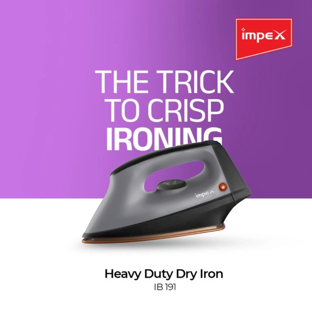 Impex Heavy Duty Dry Iron 1200W with Non-Stick Ceramic Soleplate, 5 Temperature Settings, Overheat Protection, Long-Life Thermostat & 360° Swivel Cord – IB 191 – Black/Grey - Damoo