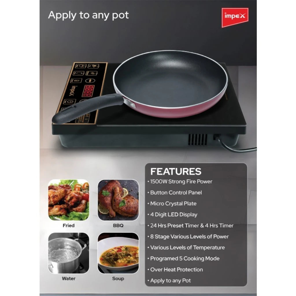 Impex Infrared Cooktop IR 2701A – 1500W Electric Stove with 8 Power Levels, 5 Cooking Modes, 24-Hour Preset Timer, LED Display, Overheat Protection & Universal Pot Compatibility – Black - Damoo