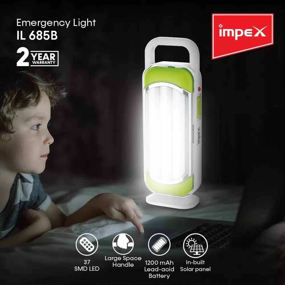 Impex LED Rechargeable Emergency Light – 1200mAh Battery, 37 SMD LEDs, 4-Hour Runtime, Built-in Solar Panel & AC Charging – Compact, Portable Light for Home & Outdoor Use - IL 685B - Damoo