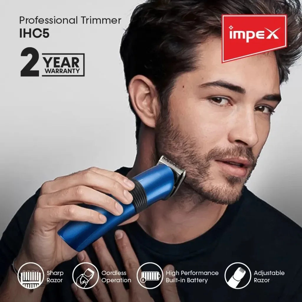 Impex Professional Hair Trimmer IHC5 | Adjustable Sharp Razor | Cordless Operation | Rechargeable Battery with Charge Indicator | 220-240V 50-60Hz, 4W | Ideal for Men’s Grooming - Damoo