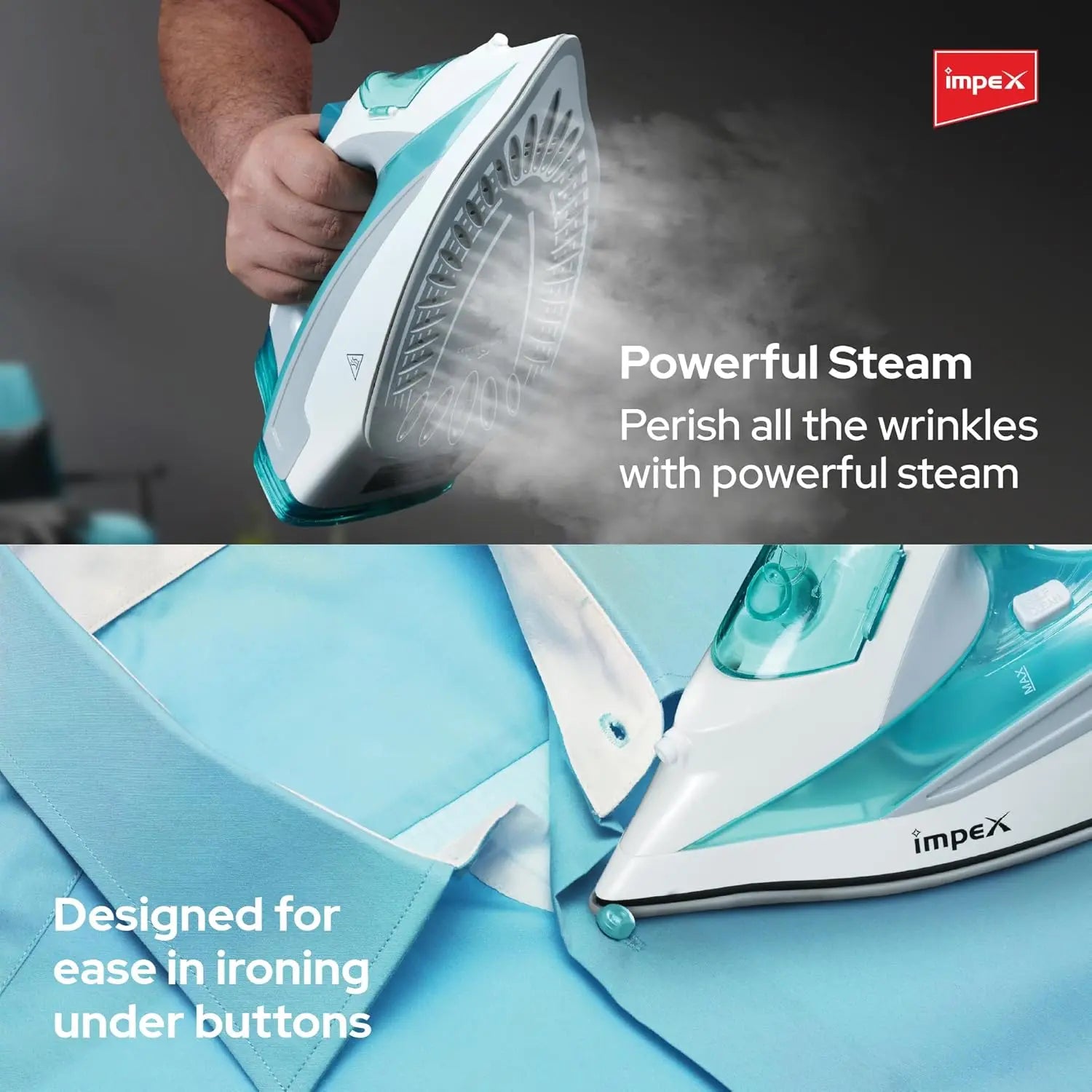 Impex Steam Iron IBS 403 – 2000W Electric Iron Box with Ceramic Coated Soleplate, 360° Swivel Cord, Self-Cleaning, Overheat Protection & Adjustable Thermostat – White/Blue - Damoo