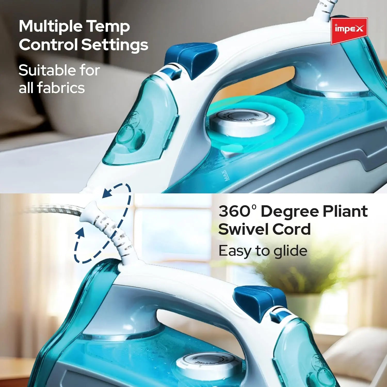 Impex Steam Iron IBS 403 – 2000W Electric Iron Box with Ceramic Coated Soleplate, 360° Swivel Cord, Self-Cleaning, Overheat Protection & Adjustable Thermostat – White/Blue - Damoo