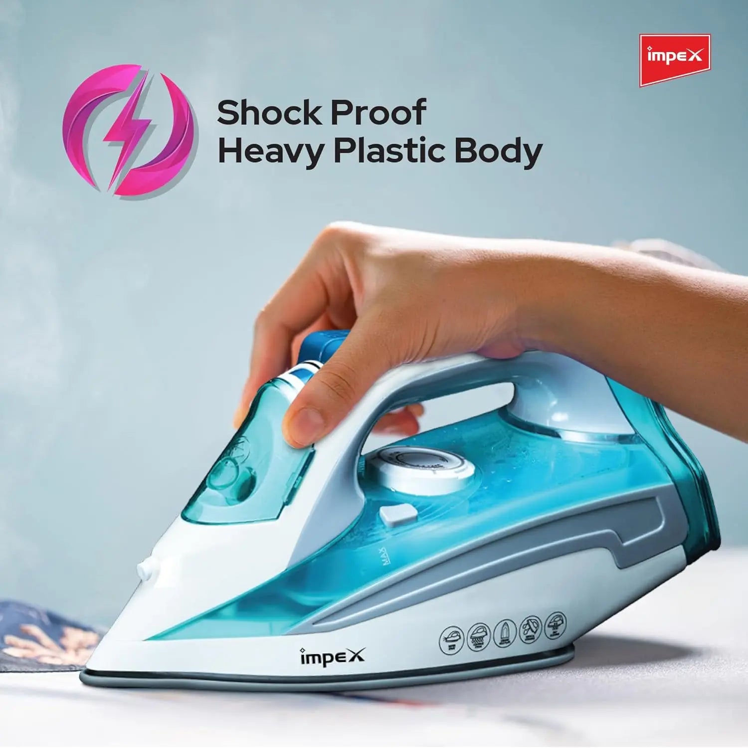 Impex Steam Iron IBS 403 – 2000W Electric Iron Box with Ceramic Coated Soleplate, 360° Swivel Cord, Self-Cleaning, Overheat Protection & Adjustable Thermostat – White/Blue - Damoo