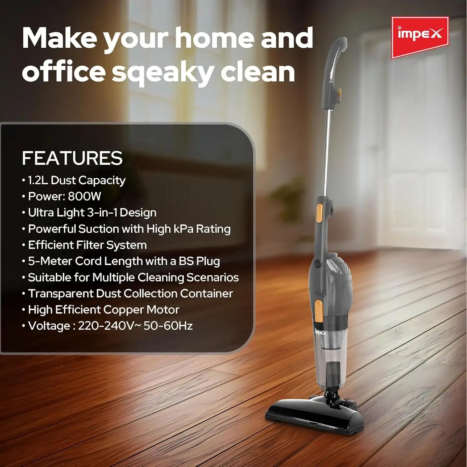 Impex VC 4702 800W 3-in-1 Lightweight Stick & Handheld Vacuum Cleaner – Powerful Suction, 1.2L Dustbin, 5M Cord, Multi-Surface Cleaning with High-Efficiency Filtration – Grey - Damoo