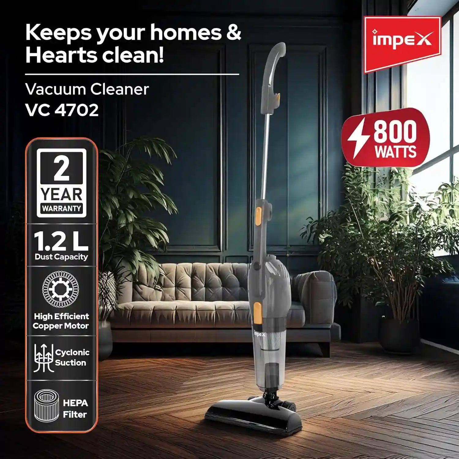 Impex VC 4702 800W 3-in-1 Lightweight Stick & Handheld Vacuum Cleaner – Powerful Suction, 1.2L Dustbin, 5M Cord, Multi-Surface Cleaning with High-Efficiency Filtration – Grey - Damoo