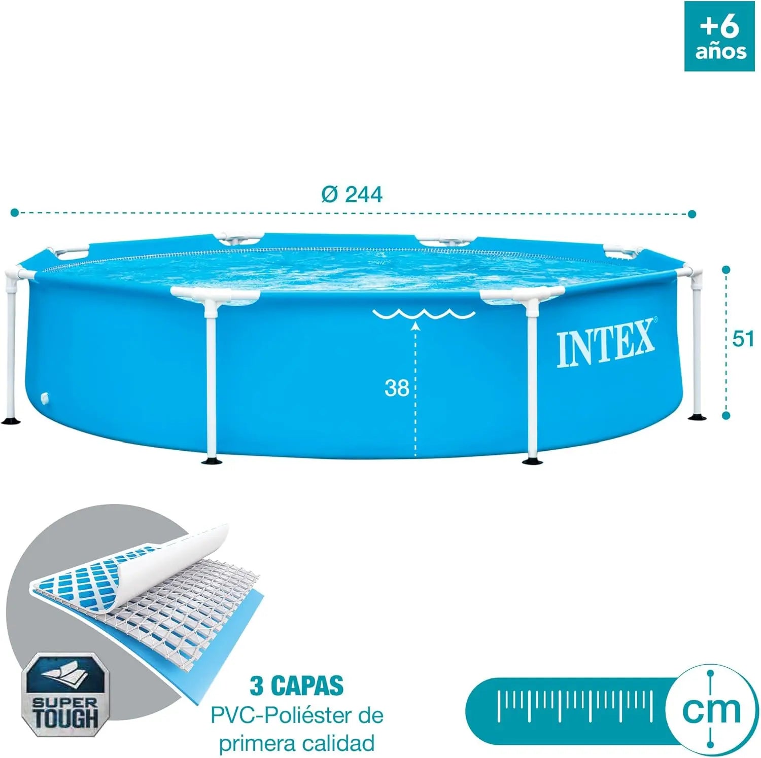 INTEX Above Ground Pool 244 x 51 cm Metal Frame Above Ground Pool โ Durable Steel Structure with T-Joint Assembly, 3-Ply Liner, 1830L Water Capacity, Ages 6+, Easy Setup in 30 Minutes - Damoo