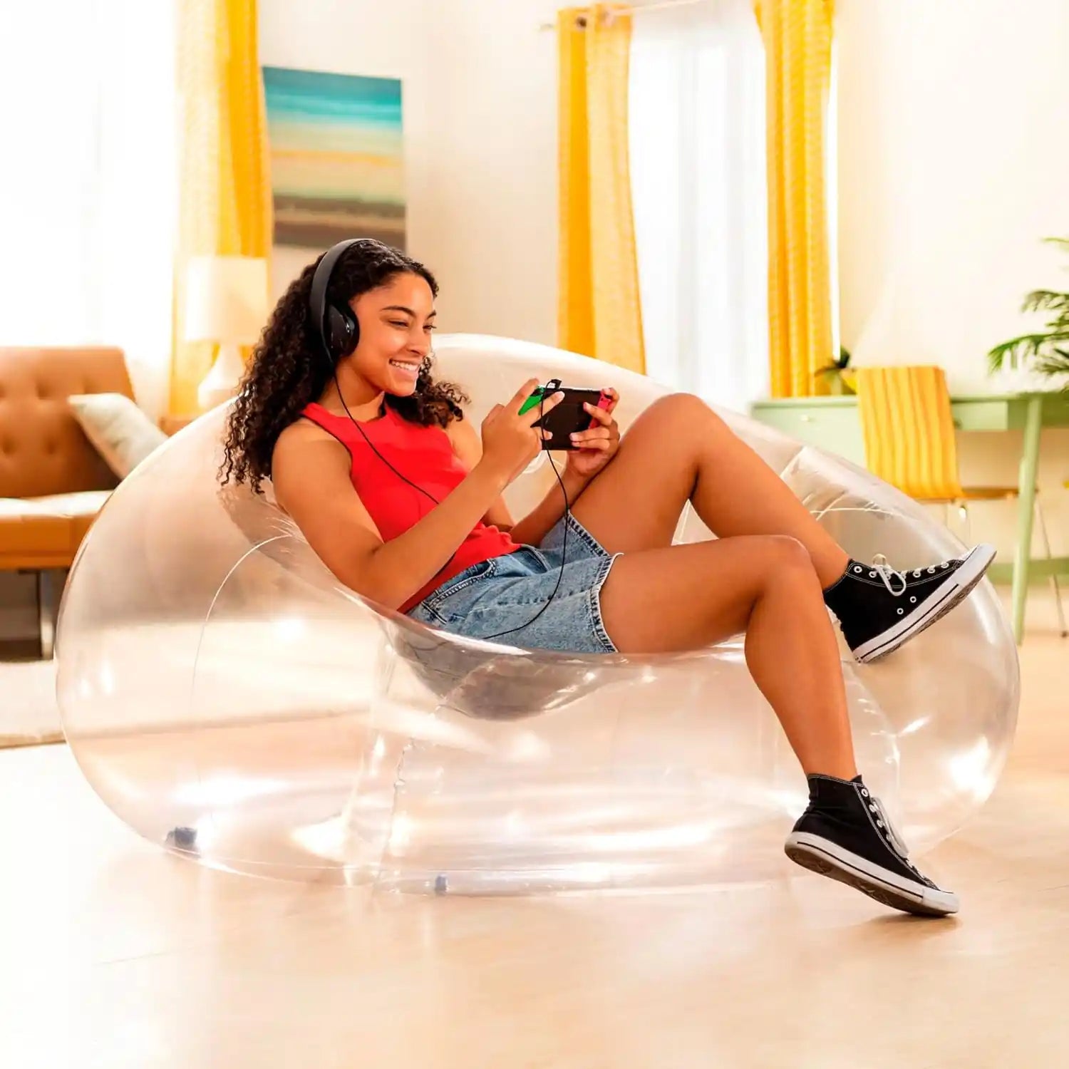 INTEX Beanless Bag Transparent Inflatable Chair – Indoor Lounge Air Chair, Durable PVC, Compact Storage, 137×127×74cm, 100kg Capacity - Damoo