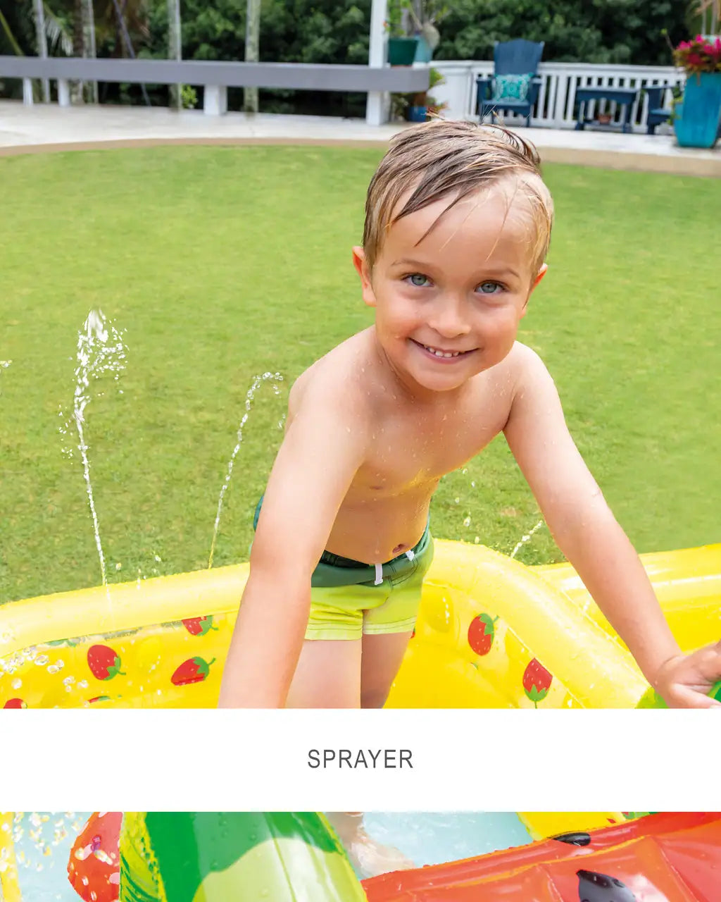 INTEX Fun N Fruity Inflatable Play Center with Slide, Dual Pools & Water Toys – 244 x 191 x 91 cm, For Kids Ages 2+, Includes Ball Toss Game, Fruits, Water Sprayer & Repair Patch - Damoo