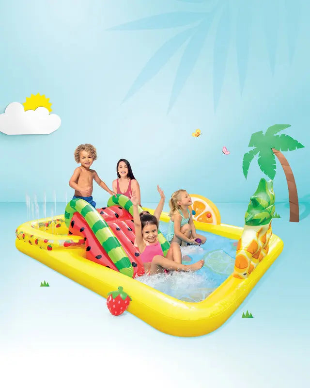 INTEX Fun N Fruity Inflatable Play Center with Slide, Dual Pools & Water Toys – 244 x 191 x 91 cm, For Kids Ages 2+, Includes Ball Toss Game, Fruits, Water Sprayer & Repair Patch - Damoo
