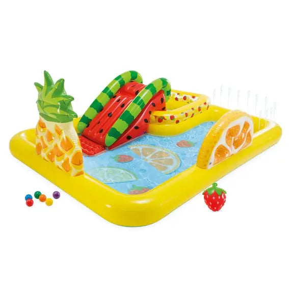 INTEX Fun N Fruity Inflatable Play Center with Slide, Dual Pools & Water Toys – 244 x 191 x 91 cm, For Kids Ages 2+, Includes Ball Toss Game, Fruits, Water Sprayer & Repair Patch - Damoo