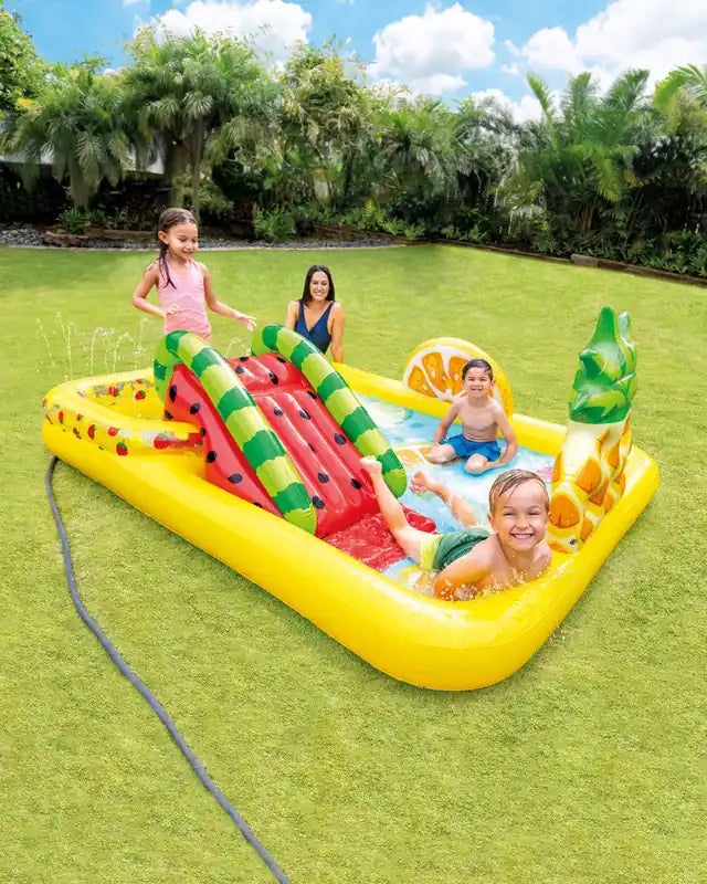 INTEX Fun N Fruity Inflatable Play Center with Slide, Dual Pools & Water Toys – 244 x 191 x 91 cm, For Kids Ages 2+, Includes Ball Toss Game, Fruits, Water Sprayer & Repair Patch - Damoo