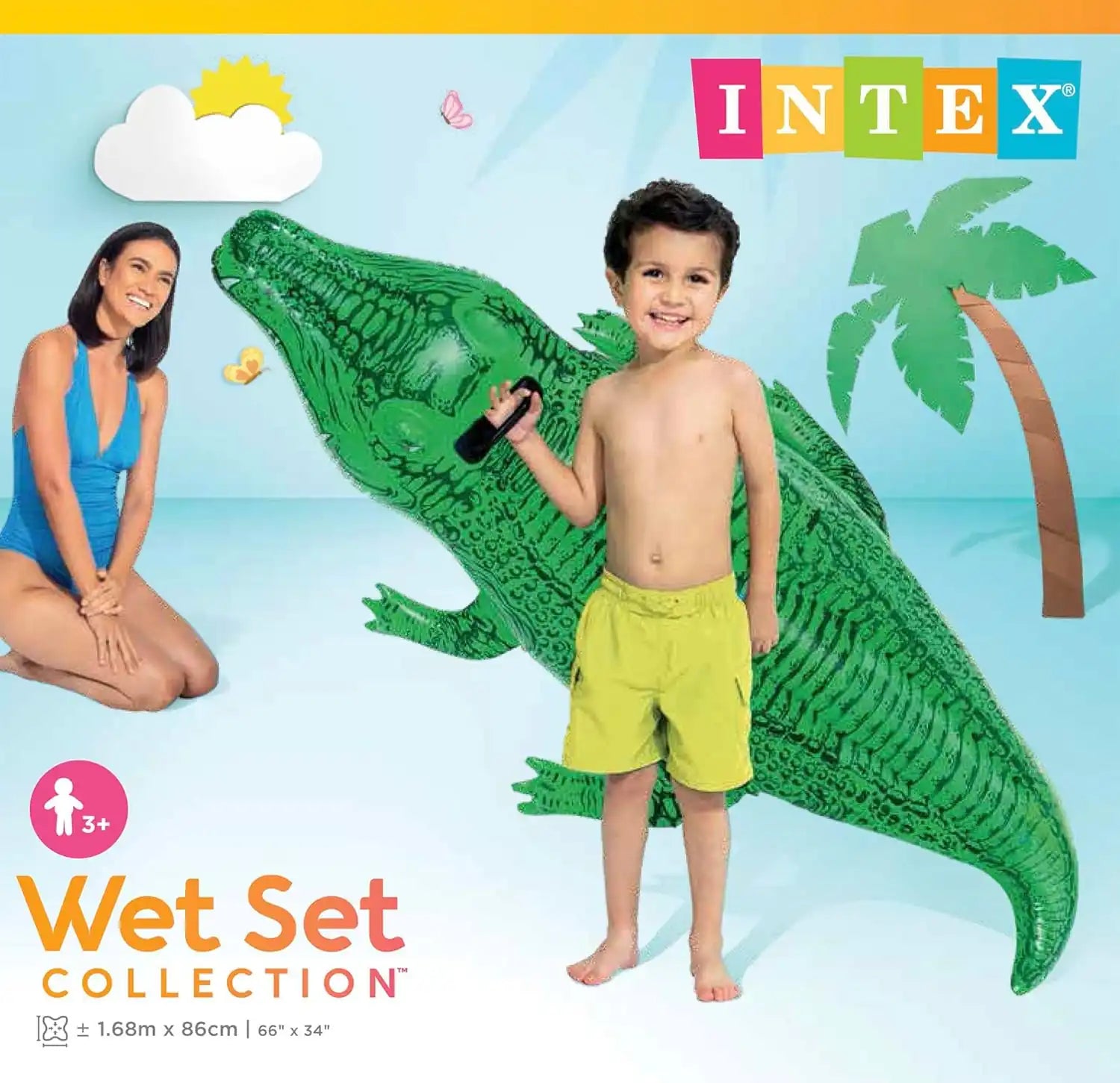 Intex Gator Ride-On Inflatable Pool Float β Crocodile Pool Toy for Kids | 167.6 Γ 86 cm | With Handles & Repair Kit | Age 3+ - Damoo