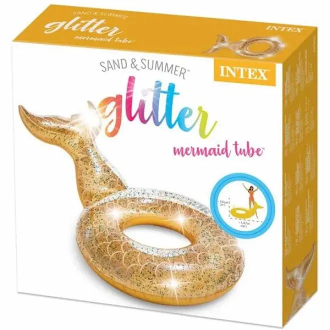 INTEX Glitter Mermaid Inflatable Swim Tube for Adults – Sparkling Pool Float with Gold & Pink Glitter, 147 x 107 x 79 cm, 12ga Vinyl, Mermaid Tail Design, Up to 100 kg - Damoo