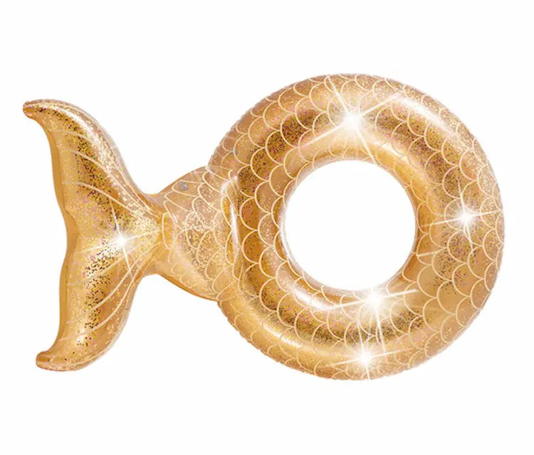 INTEX Glitter Mermaid Inflatable Swim Tube for Adults – Sparkling Pool Float with Gold & Pink Glitter, 147 x 107 x 79 cm, 12ga Vinyl, Mermaid Tail Design, Up to 100 kg - Damoo