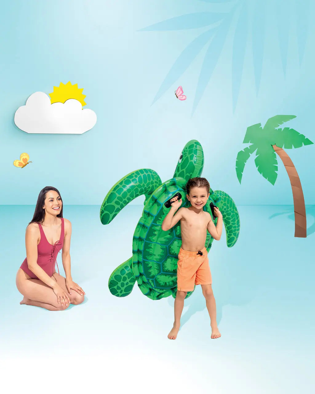 Intex Lil' Sea Turtle Ride-On Inflatable Pool Float – Kids Pool Toy with Grab Handles & Repair Patch – 59" x 50", Ages 3+ - Damoo