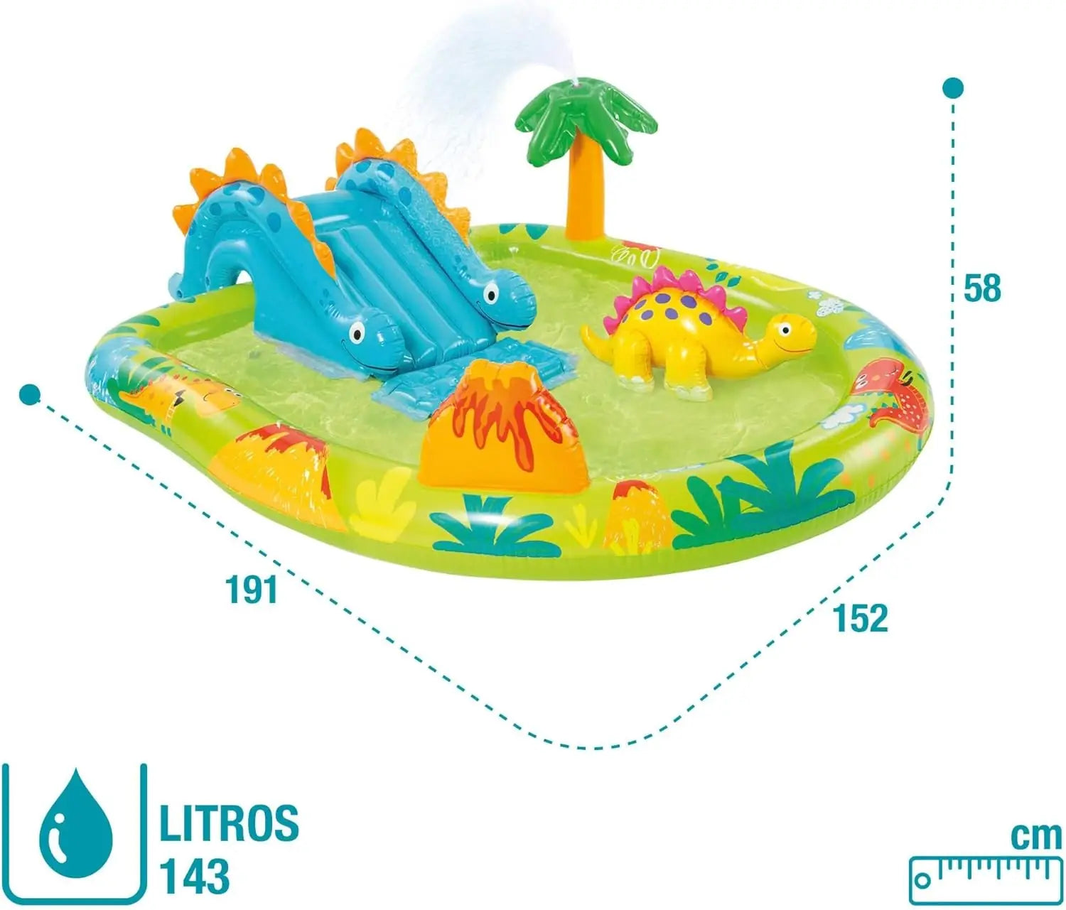 INTEX Little Dino Inflatable Play Center for Kids β Dinosaur-Themed Water Park with Slide, Sprayer & Landing Mat, 191 x 152 x 58 cm, For Ages 2+, Built-In Water Sprinkler & Repair Patch Included - Damoo