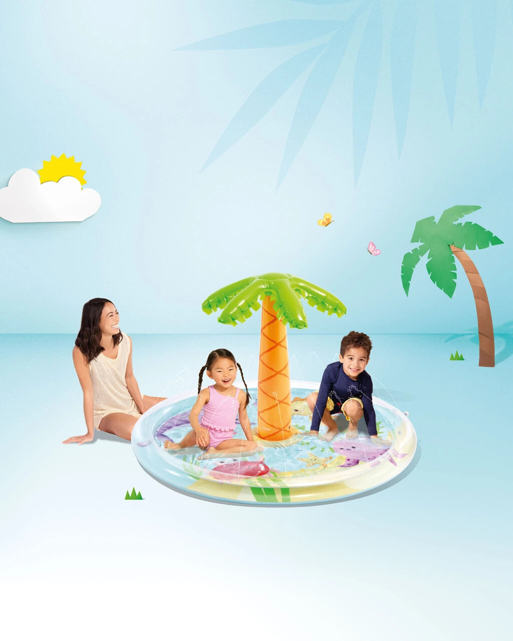 Intex Palm Tree Spray Kiddie Pool β 147 x 104 cm Inflatable Wading Pool with Sprayer for Kids Ages 2+ β Tropical Design with Built-In Hose Connector - Damoo