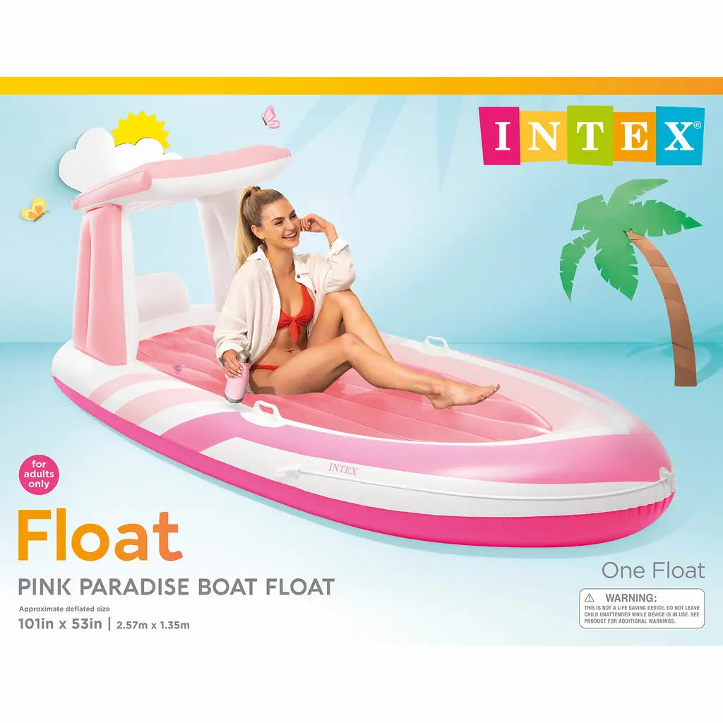 INTEX Pink Paradise Inflatable Boat Pool Float with Sunshade Canopy – 244 x 119 x 97 cm, Stylish Pink & White Design with Cup Holders, Handles & 100 kg Weight Limit for Adults - Damoo