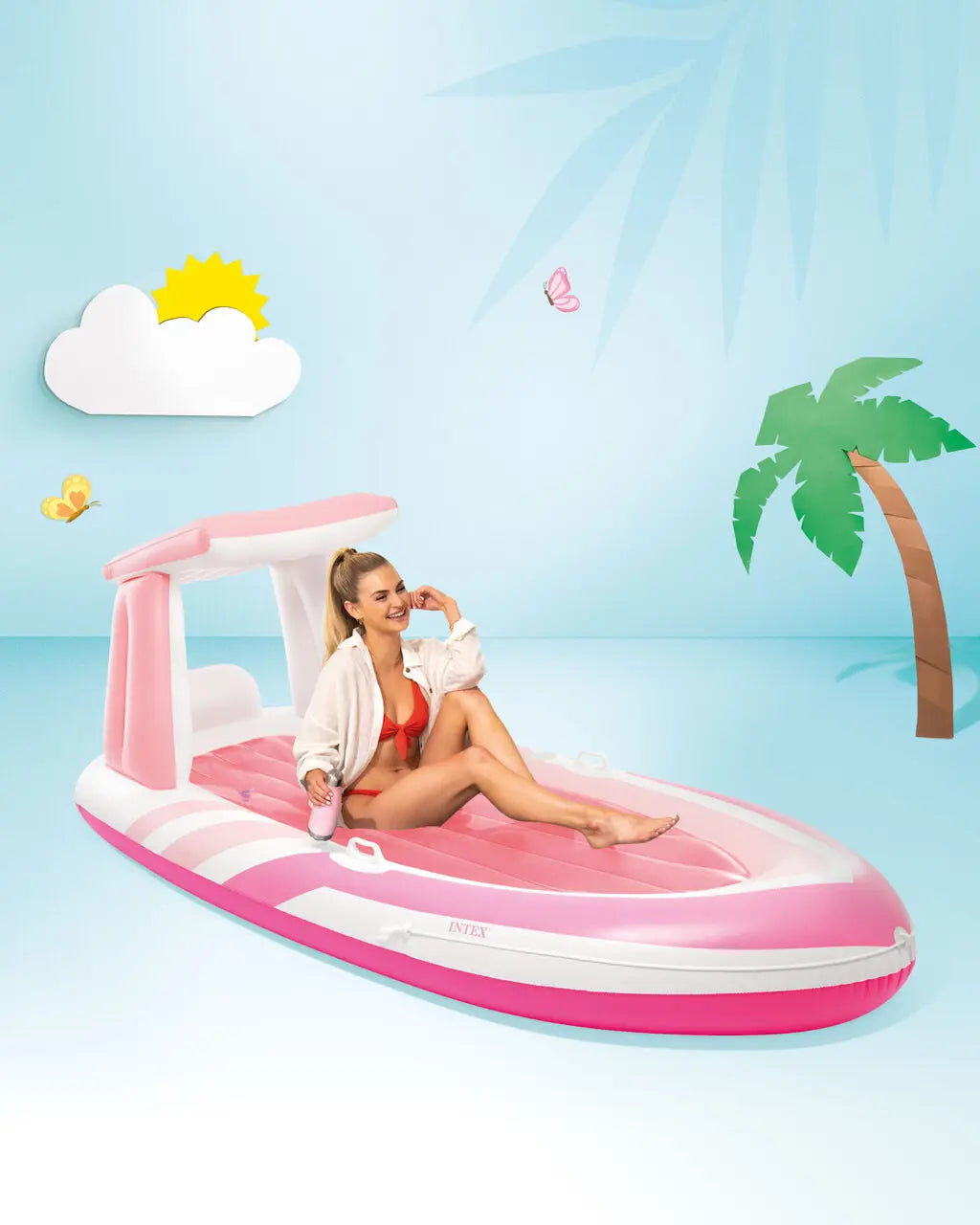 INTEX Pink Paradise Inflatable Boat Pool Float with Sunshade Canopy – 244 x 119 x 97 cm, Stylish Pink & White Design with Cup Holders, Handles & 100 kg Weight Limit for Adults - Damoo