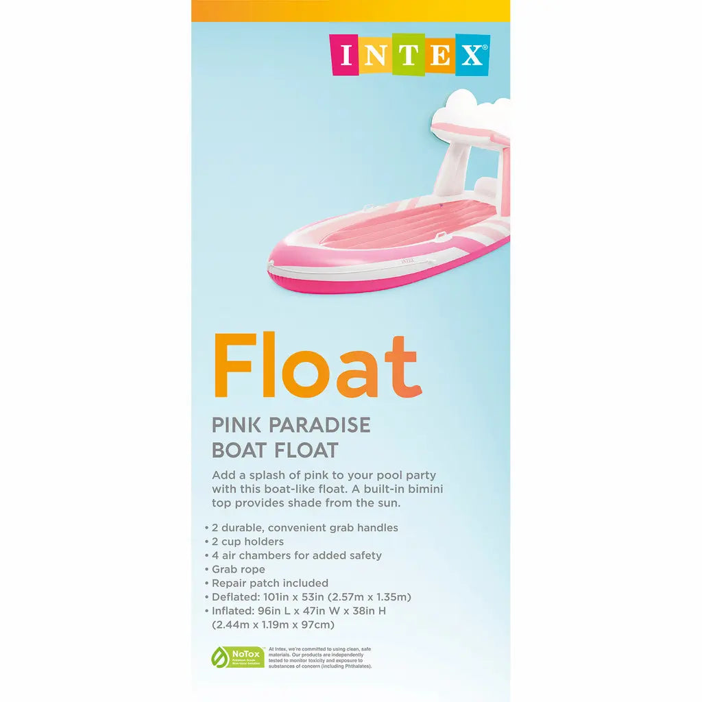 INTEX Pink Paradise Inflatable Boat Pool Float with Sunshade Canopy – 244 x 119 x 97 cm, Stylish Pink & White Design with Cup Holders, Handles & 100 kg Weight Limit for Adults - Damoo