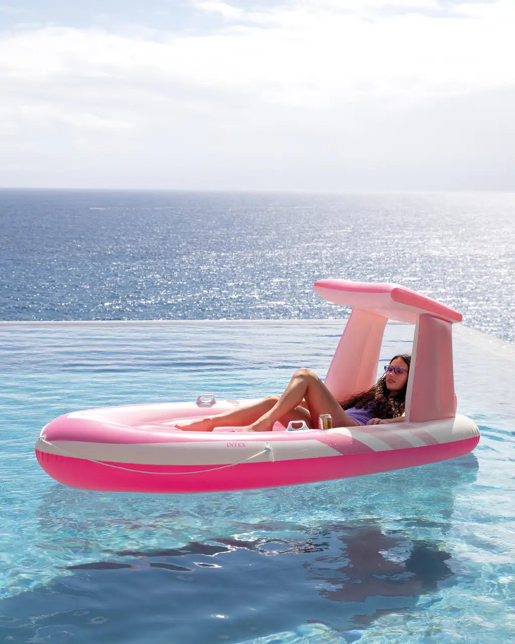 INTEX Pink Paradise Inflatable Boat Pool Float with Sunshade Canopy – 244 x 119 x 97 cm, Stylish Pink & White Design with Cup Holders, Handles & 100 kg Weight Limit for Adults - Damoo