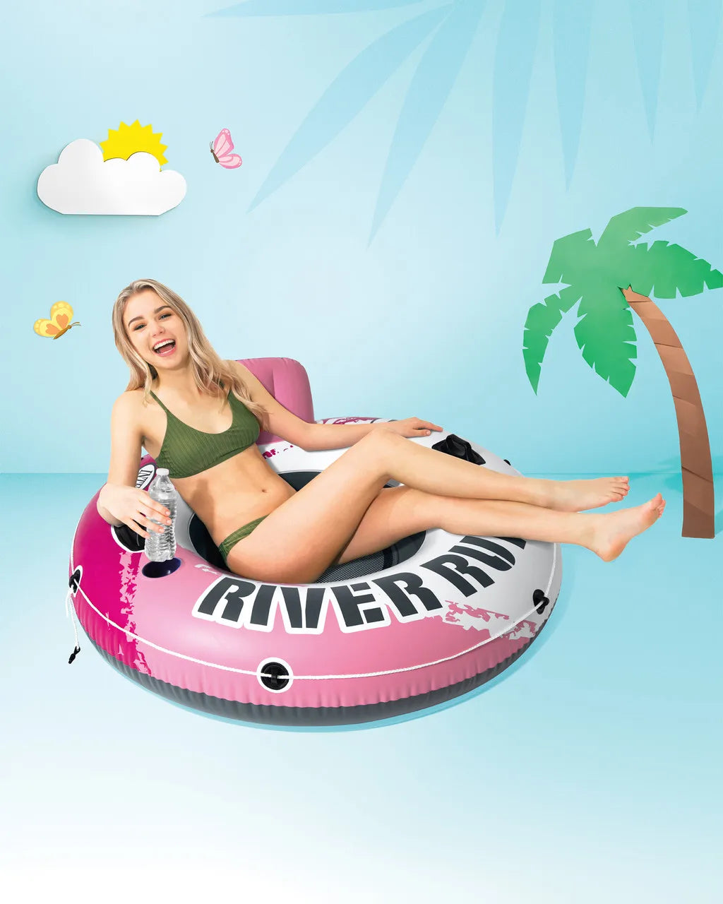 Intex Pink River Run® 1 Inflatable Lake Tube for Adults – 135 cm Floating Pool Ring with Backrest, Cup Holders, Mesh Bottom & Connectors - Damoo