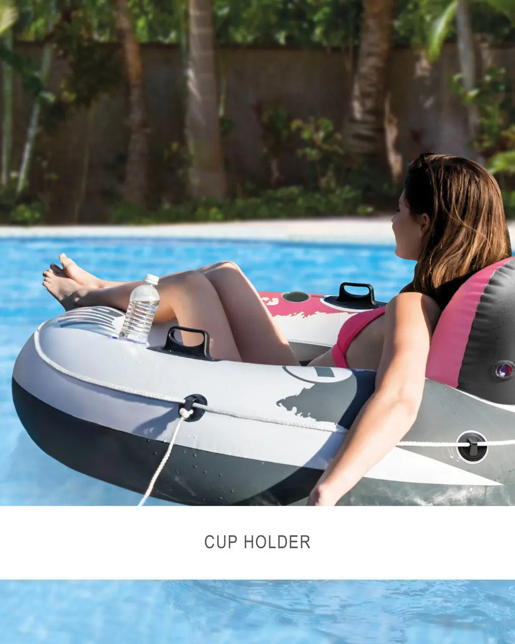 Intex Pink River Run® 1 Inflatable Lake Tube for Adults – 135 cm Floating Pool Ring with Backrest, Cup Holders, Mesh Bottom & Connectors - Damoo