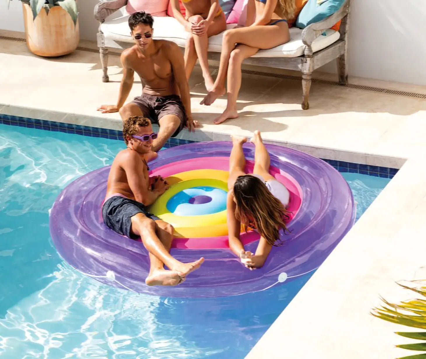 Intex Rainbow Fiesta Inflatable Pool Island β Giant 2-Person Float with Grab Rope & Dual Air Chambers β Vibrant Lounge Float for Pool Parties & Lake Days - Damoo