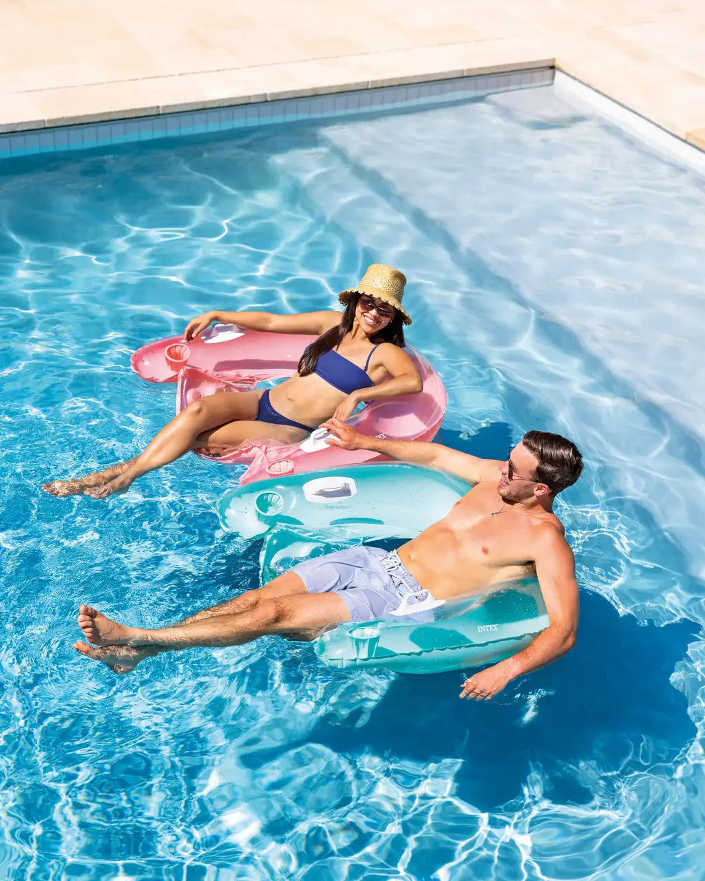 Intex Sit 'N Float Inflatable Pool Lounger – Backrest & Cup Holders – Relaxing Seat-Style Float for Adults – Assorted Colors - Damoo