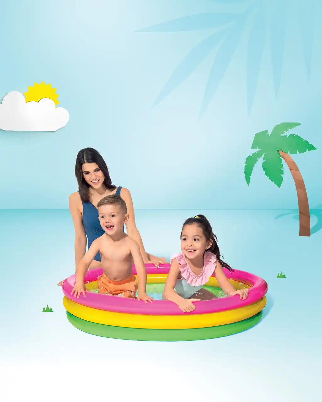 INTEX Sunset Glow Inflatable Kiddie Pool – 114 x 25 cm, Soft Floor, Colorful 3-Ring Baby Pool - Damoo