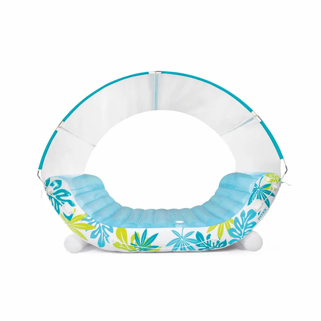 INTEX Tropical Canopy Inflatable Lounge Float – Removable Sunshade, Cup Holders, Extra Thick Vinyl & Rope Handles, 224 x 150 x 163 cm, 200 kg Capacity, For Adults - Damoo