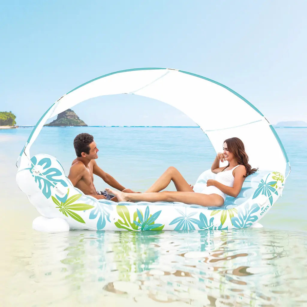 INTEX Tropical Canopy Inflatable Lounge Float – Removable Sunshade, Cup Holders, Extra Thick Vinyl & Rope Handles, 224 x 150 x 163 cm, 200 kg Capacity, For Adults - Damoo